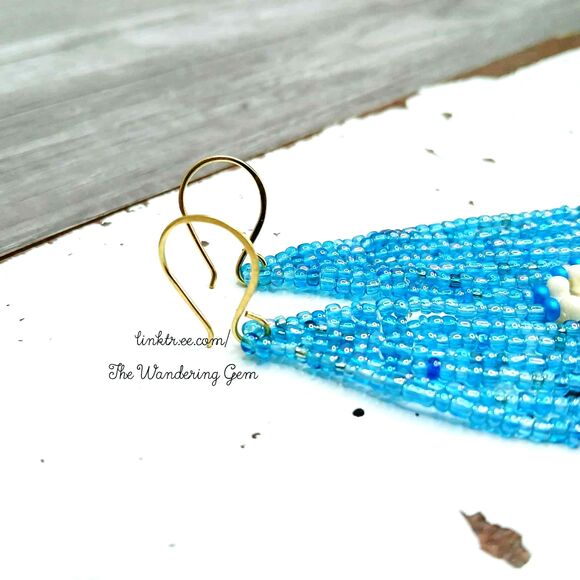 Blue & White Beaded Fringe Cascade Shoulder Duster Dangle Earrings, 3.5" - Picture 4 of 7